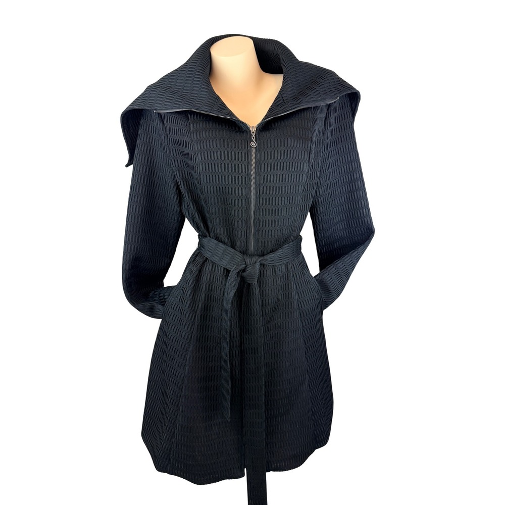 Samuel Dong Avant Garde Black Textured Zip Front Belted Trench Coat Large - Picture 2 of 10